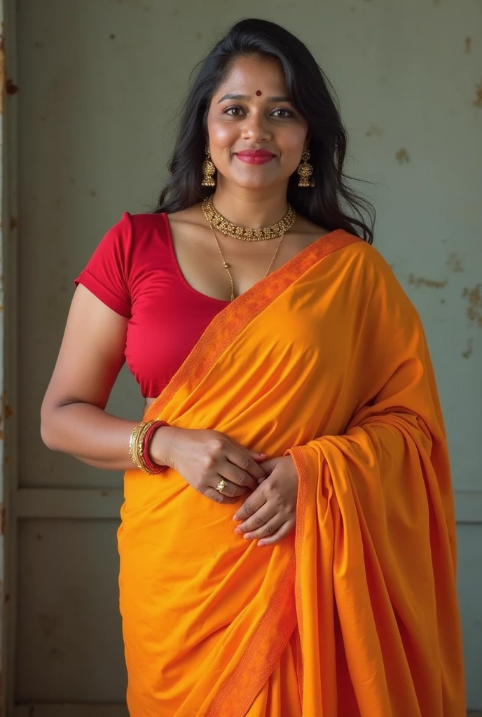 A curvy srilankan women 3 wearing a yellow saree and red sleeveless blouse