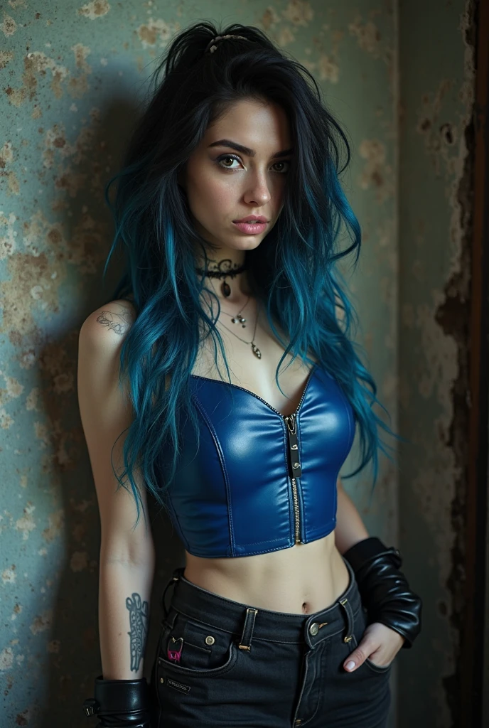 night, super long curly ginger hair, dark, blue short shorts, Woman, (emo, gothic, dark), dark clothing, portrait, standing, great pose, good angle, beautiful body with curve's.