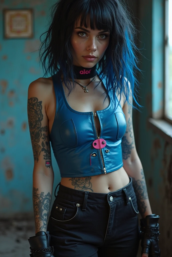 Young white women biker , 17 years old, punk haircut, black hair, intense blue eyes, intense gaze, affiliated features, no facial hair, height 1.88, weight 90 kg, muscular build, broad shoulders, V-shaped body, tattoos, full body focus, completely hairless,