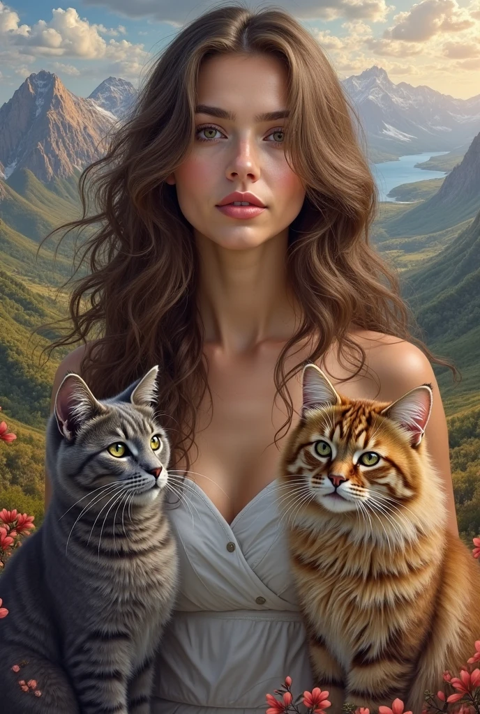 medieval peasant girl, ginger, freckles, short hair, smiling, fat red cat sitting nearby, wearing polka dot dress, in the green field, sundown, sexy body, w1tch3r1c4rd <lora:w1tch3r1c4rdstyl3:0.7>