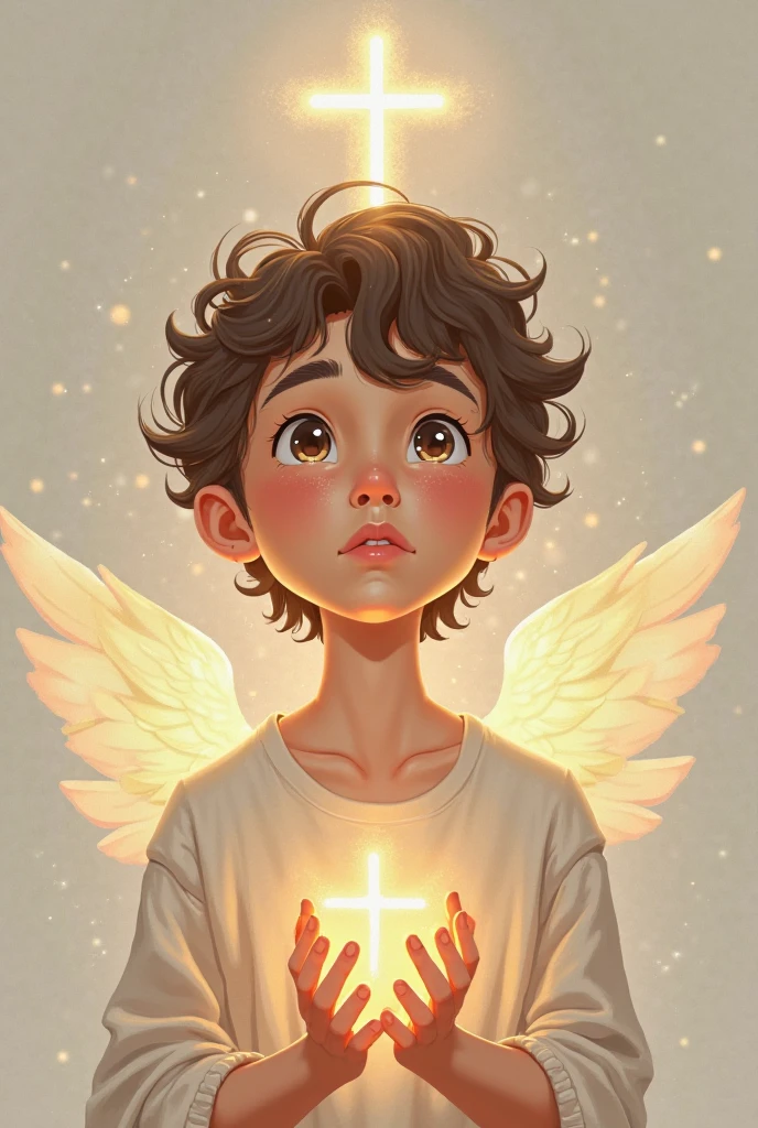 a boy with an angelic light behind him, holding a skull