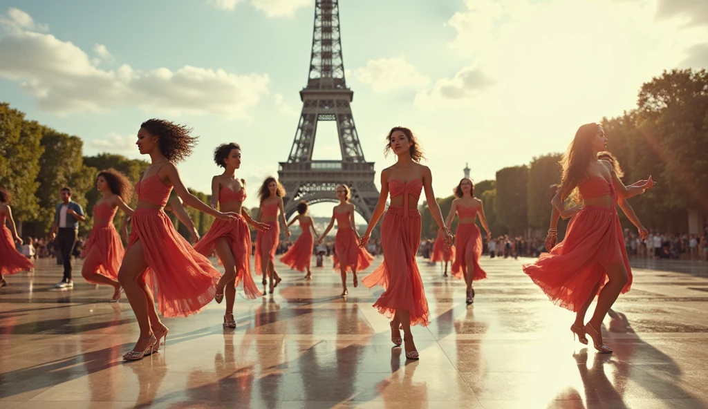 In front of the Eiffel tower, beautiful, dressed, red clothes, same face, holding ballons, thin waist, small belly, large hip