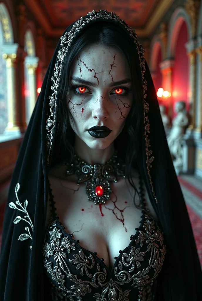 masterpiece, best quality, high quality, extremely detailed CG unity 8k wallpaper, portrait of a pagan goddess, antichrist, doomsday, holy, award winning photography, Photorealistic,extremely detailed, trending on artstation, trending on CGsociety, Intricate, High Detail, dramatic, art by midjourney, blood on face, evil smile, horror art, dread