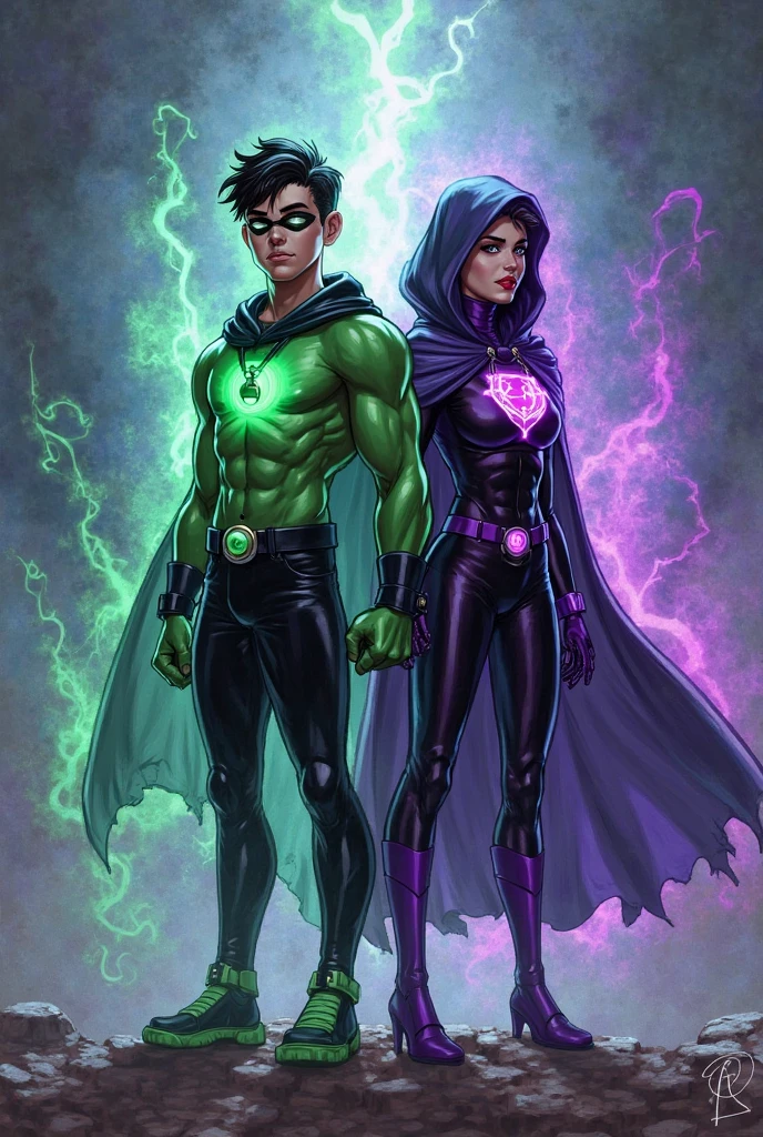Gay Superhero, white look with lilac details , wears top hat, A on the chest, Grinning,rays of light coming out of the hands, atom symbol.
Your hair is black, latin man, your boyfriend wears a green and sky blue look, wears a golden cape