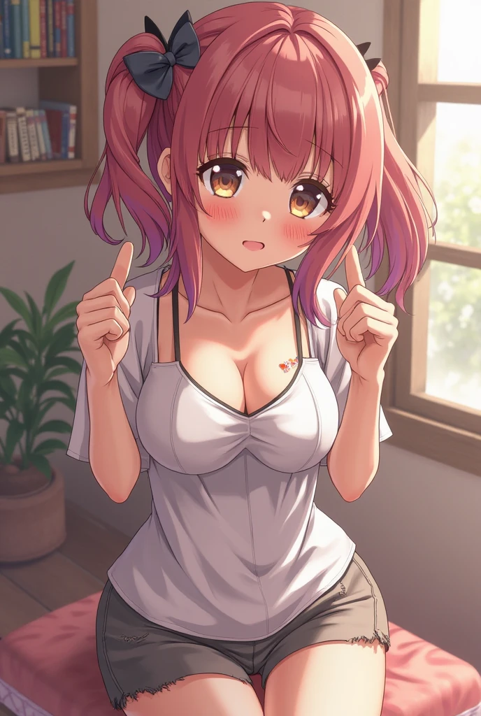 Solo, Desperate Face, Long Eyelashes, (Bob Hair), (Red Eye: 1.3), (Red Hair), Medium Cleavage, Tartan Check, Bedroom, Top Angle, Shirt, Light Blue Underwear, Sweat, Thin, White yogurt on body and shirt, White Liquid All Over body and shirt, Frontal Shot, Woman with Upper Eyes