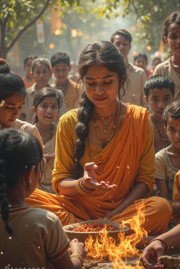 এক যুবতী নীল শাড়ী পড়া কপালে কালো টিপ,সাথে কয়েকজন বাচ্ছা মিলে একটা পূজো মন্ডপে বসে হোই হুল্লরে মেতে উঠেছে