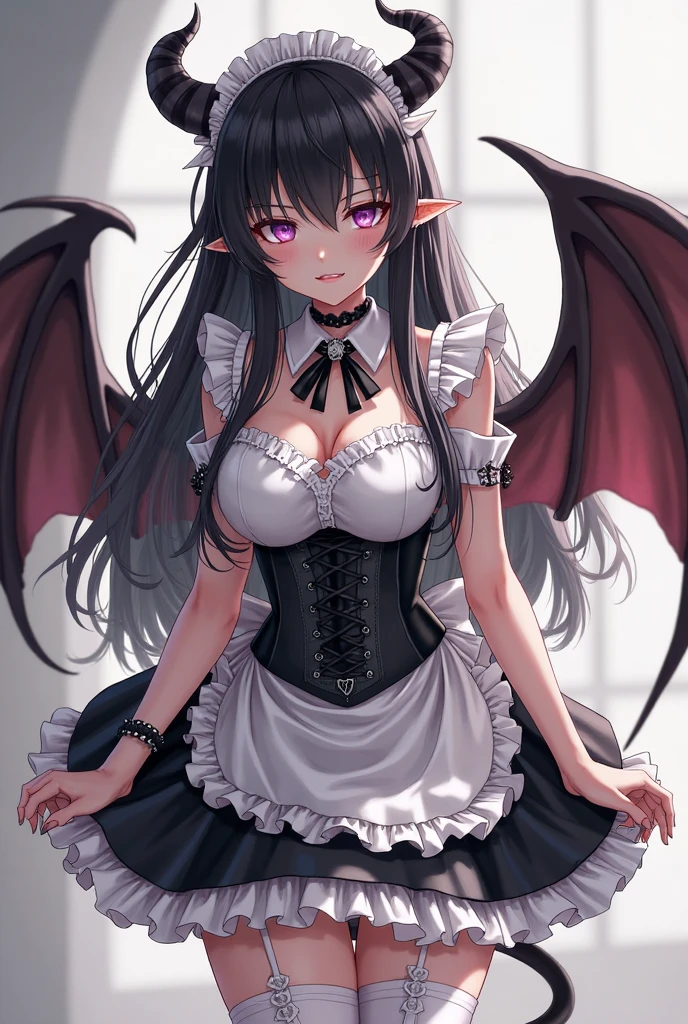 Expressionless succubus maid Long black hair Looks like a 30 year old