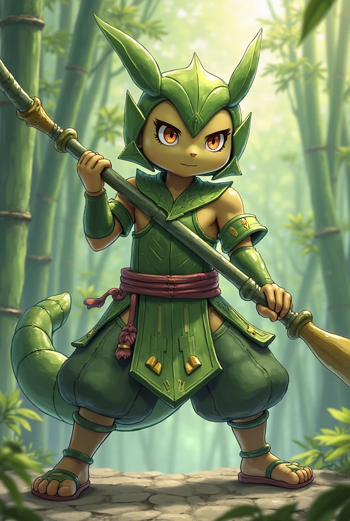 frog woman, green skin, big eyes, katana sheathed to her back, smug mouth, jagged eyes, in a pond, on top of a humongous Lili pad in a froggy pose