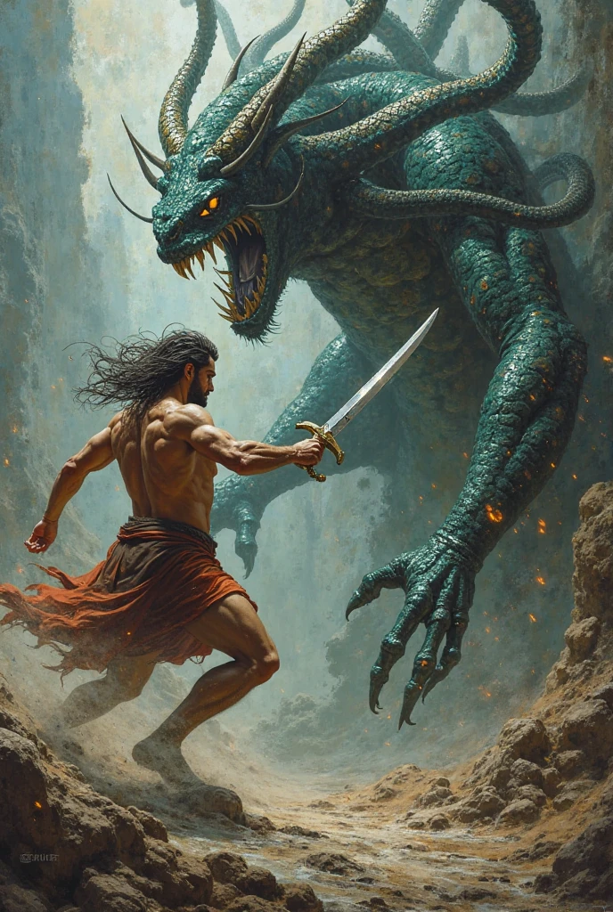 <lora:Fantasy_art_XL_V1:1> a man standing near a river, a dragon in the background, stunning fantasy art by boris vallejo