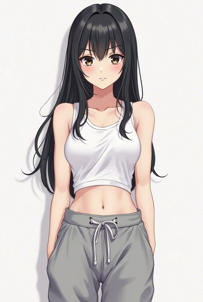 Optimal，masterpiece，High resolution，highest quality，in town、(cowboy shot)、cute face，，black hair、long hair、twin tails、 （（scarlet eyes）），long eyelashes，drooping corners of the eyes，Are standing、thin legs、white skin，((Shoot from the front:1.5)), ((Wearing a tight white t-shirt:1.5)), ((tight yoga pants)). ((pointed nipples))、rocket tits , big breasts,