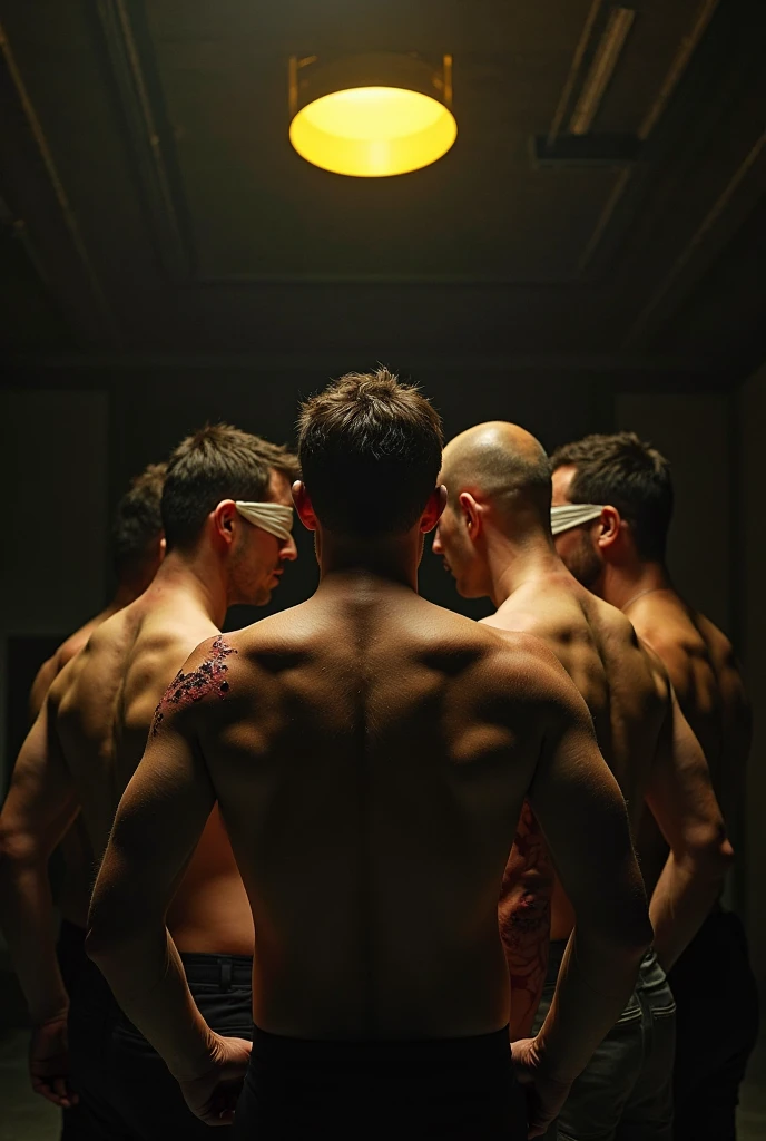 1boy、Photo Quality、Handsome Men、Mash Hair、Japanese male, 、well built body、Completely naked、Full nudity、erection、Huge penis、Highest quality、Realistic、beautiful、Sad look、Standing in front of some naked elderly people in ksitting on a sofa、Back view、Dimly lit luxury hotel room