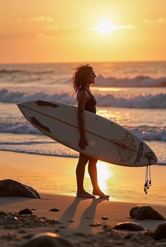 Stand on the beach, stand next to the surfboard, with the sea as a background, pose for a photo