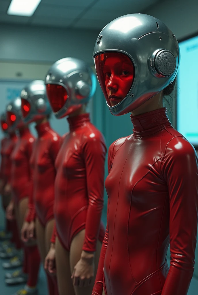 there are many mannequins in a row in a room, spaceship hallway background, red and cinematic lighting, pascal blanche, 'the red citadel, passengers, fiberglass, featured in cinematic, guards, cybergods, promotional picture, cinematic image --ar 16:9 --auto --s2