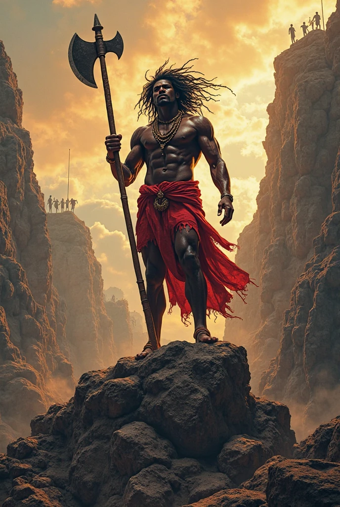 Orisha Black Man, rey, guerreyro, red or brown clothes, on a mountain, lifting a double-sided axe in his hand