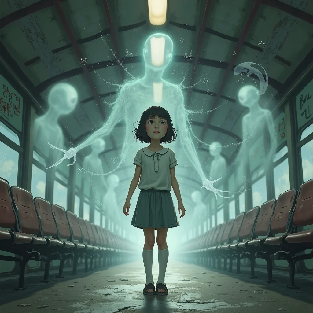 The girl, now terrified, sprints down a narrow aisle between bookshelves, glancing over her shoulder as the ghost materializes fully behind her, its hollow eyes glowing in the dark, and its wispy form trailing like smoke