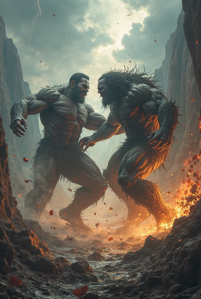 A prehistoric battlefield, Hominids face to face for confrontation, arte de quadrinhos inspirado em Frank Miller, High-quality digital painting, Limited Edition poster, Collectible art, detalhes intrincados, Perfect lighting and shadows, cores vibrantes, Action elements highlighting the scene, 8K