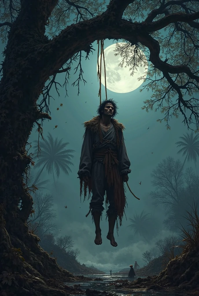 A captivating, eerie cinematic poster in a grimdark art style, featuring a massive, thin skeletal man, missing his left eye, seated on a weathered, decaying box on an old, broken-down dock. The man plays a banjo, meticulously crafted from old driftwood that is slowly disintegrating, its strings creaking ominously with each pluck. The man's tattered clothes hang off his gaunt frame, and his torn straw hat adds to the desolate atmosphere. His skin, darker than the surrounding moonlit atmosphere, appears to be crumbling away, giving the impression of something long dead yet still alive. The dense swamp and wildlife in