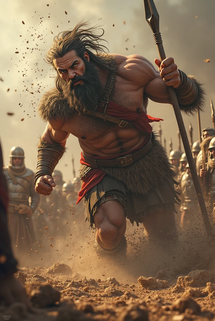 One man holding chariot wheel on his both hands and fighting in a big war with that wheel,he has good height body ,muscles