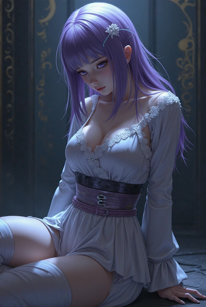 8K, Ultra High Definition, Super detailed, Shiny detailed hair, detailed face, fantasy landscape, solo, looking at viewer, {{best quality}}, {{masterpiece}}, {{ultra-detailed}}, {detailed light}, ultra high quality eyes, detailed eyes, perfect eyes, large eyes, detailed purple eyes, purple hair, long hair, adorned hair, beautiful, skinny body, white skin, slutty, erotic, suggestive, sitting with legs open, open legs, lingerie, in lingerie, blushing, open mouth, ahegao, ((nsfw))