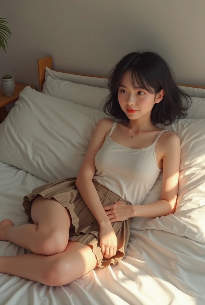 photorealism:1.2), beautiful girl, sitting on bed, girlnaked,facing forward, short hair, indoors, soft lighting, plants in background, window with sunlight, cozy room, squat pose, realistic, intricate details, warm colors, by Greg Rutkowski, by Alphonse Mucha, smile face body hot, cute girl,korean girl young girl,, super big breast, sexy girl