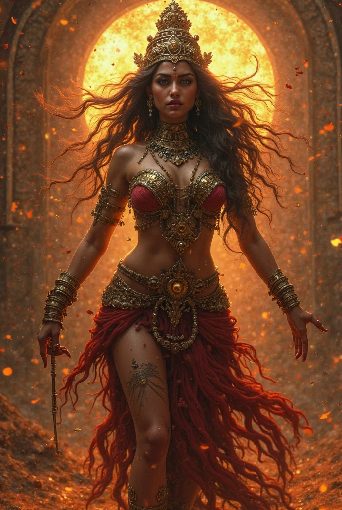 "A stunningly beautiful girl, fed up with being constantly harassed and inappropriately touched by some individuals, undergoes a fierce transformation, embodying the powerful form of Maa Durga. As she channels her inner goddess, flames and lightning encircle her, while her entire body is adorned with flowing garments, and her long hair flows wildly, symbolizing her unbridled strength and fury."
