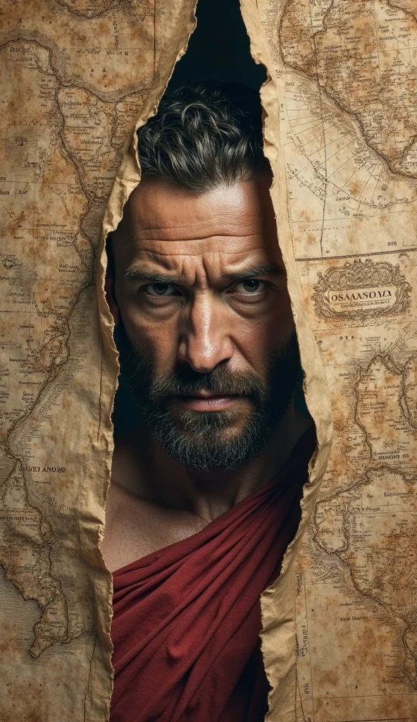 photorealism:1.2), medieval man with angry face in a hill looking at a picture of a man’s face