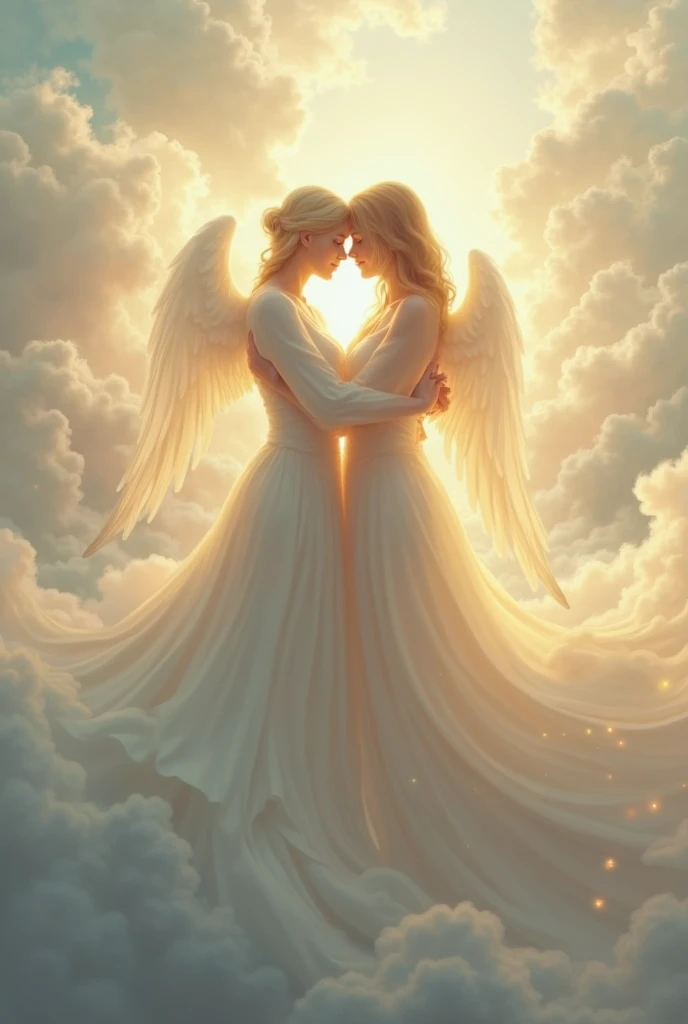 Design a heavenly and harmonious image for the "Ten of Chalices" card, inspired by the traditional Rider-Waite Tarot but adapted for the "Lumen Angelis" deck with an angelic and celestial theme. In the foreground, depict a serene and joyful angelic couple, standing together hand-in-hand, radiating love and divine connection. Both angels are dressed in flowing, iridescent robes—one in soft gold and the other in pale blue—with their wings gently touching, symbolizing unity and emotional fulfillment.

In the background, show a radiant rainbow arching across the sky, shimmering with ethereal light and casting a peaceful glow over the scene. Beneath the rainbow, depict a celestial landscape with a flowing, crystalline river, lush with divine vegetation, and a small, glowing celestial city or temple in the distance, symbolizing a heavenly home filled with harmony and peace.

Around the angelic couple, arrange ten golden chalices in a semi-circle, floating slightly above the ground and filled with a soft, glowing light, representing the culmination of emotional fulfillment and divine blessings. The sky above is filled with gentle, swirling clouds of pastel colors, and a few delicate rays of light descend from the heavens, highlighting the couple and the chalices. The entire scene should evoke a sense of completion, perfect harmony, and the ultimate expression of divine love and family unity, capturing the essence of the "Lumen Angelis" deck.