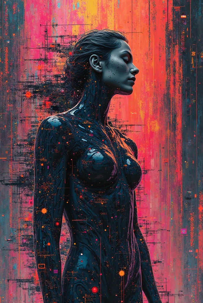 8k HD high definition; a close-up view of a detailed drawing in the style of Tim White, Bruce Pennington, Frank Frazetta, and Joe Jusko; a young nude woman modeled on Eden McCoy merged and blended into a wall; her nude body twisted into alien sci-fi wires and devices connected to multi-colored Bioluminescence circuitry emerging from her cocooned naked body connecting to black reflective walls, twisting, cocoon, lighted under dim red tinted lighting; Trapped within a dark barren empty room with black reflective glass walls