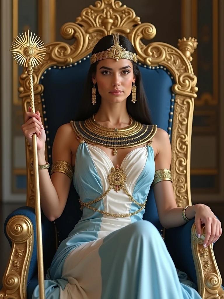 ツタンカ－メンの兜、Close up shot , looking at viewer, Cleopatra queen 7 of Egypt standing in a ancient Egyptian palace, 15 BC, 30age old, (light brown hair, wince, half-closed Brown eyes, beautiful lip, serious), (, earrings, gold neckless, (big breasts, slender whist, wide hip) (White silk Egyptian  clothes ,Blue skirt, sandal),(holding one kingdom wand), sitting pose , gorgeous kingdom chair, textured skin , HI detailed skin, (foreshortening, Canon, 8k, anatomically correct, super detail, high details, highness,