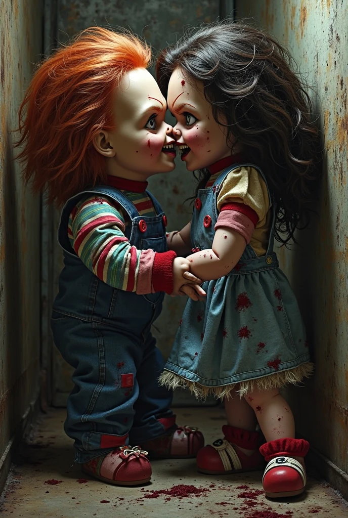 A pair of killers looking like Chucky and Tiffany holding a knife from the horror series