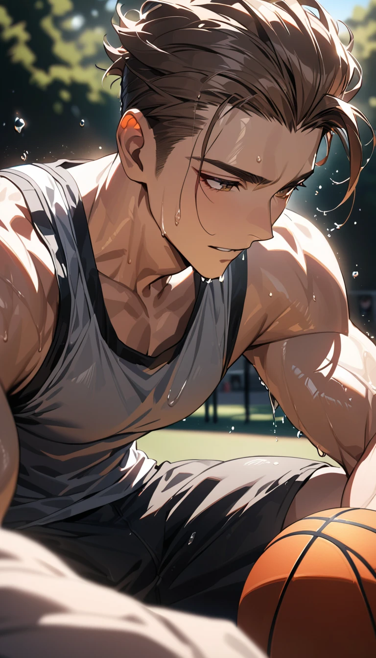 shirtless, super muscular, sweat-drenched body, 22-year old short black hair handsome caucasian male wearing sweat-drenched white soccer shorts and shoes, panting, hands on the head showing underarms, in the soccer field