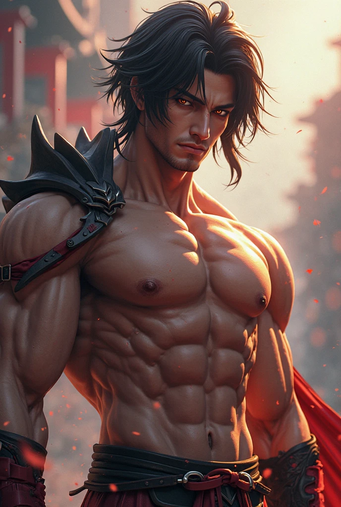 Create a muscular shirtless Roman soldier holding a broken sword with an angry look
