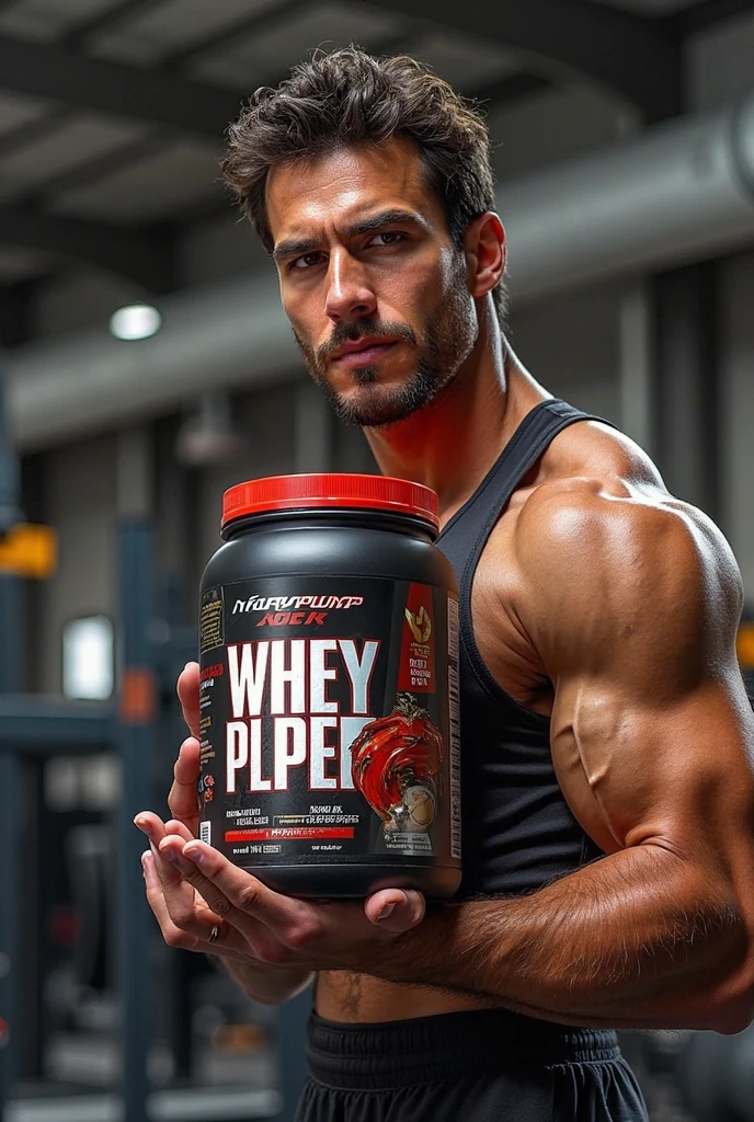 A 300g jar on top of a weightlifting equipment with a strong man in the background, blurred image.