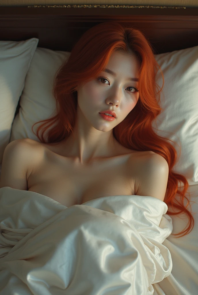 Red hair black devil horns sexy girl big tits open mouth in bed sleeping short shirt nobara from jujustu kaisen