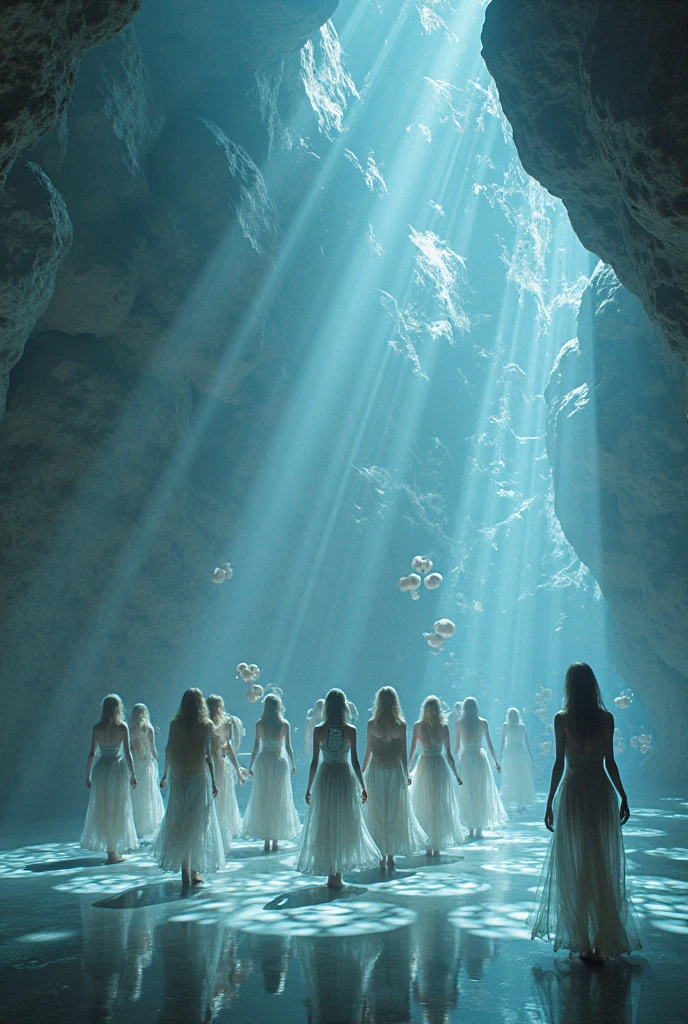Seven beautiful celestial maidens with flowing, ethereal garments and radiant auras are bathing in a clear, tranquil river surrounded by lush forest. Their laughter echoes softly through the trees. A man, partially hidden behind a large moss-covered rock, is peeking out, watching them with a mixture of awe and curiosity. The scene captures the mystical atmosphere of an ancient folklore.