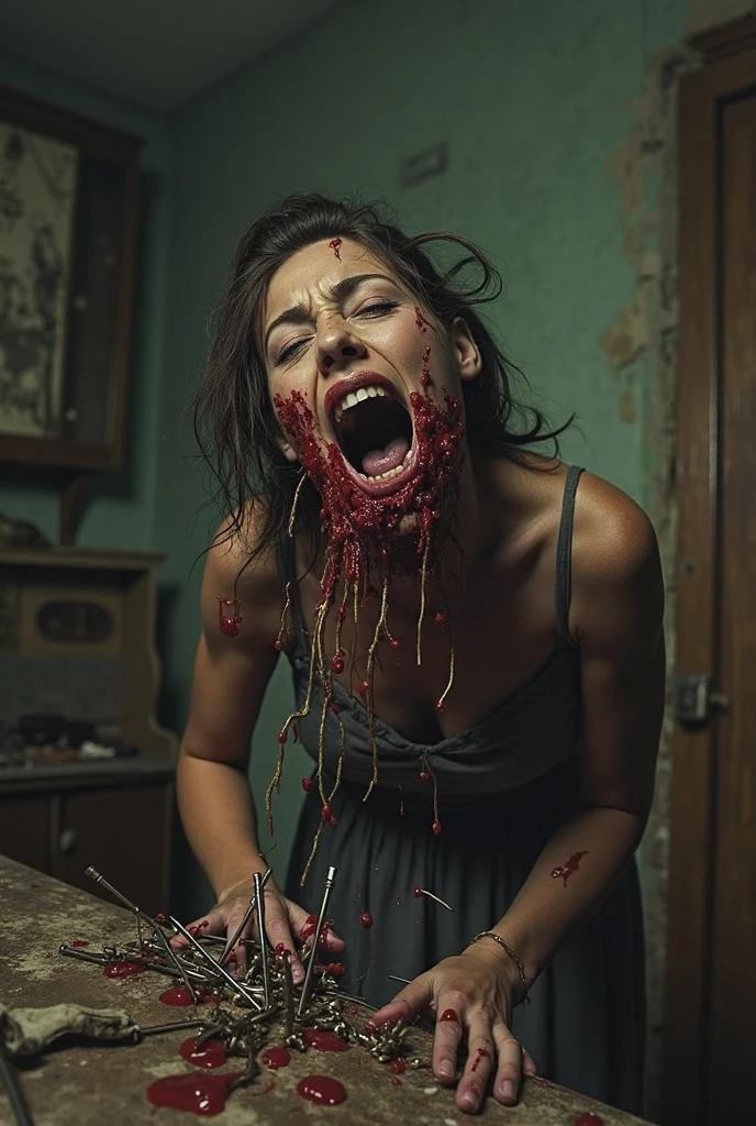 Undead sinner on her knees, forced anal sex, (anal rape:1.3), Sexual violence, hand on her head, holds her by the hair, (traces of beatings on her body:1.2), torn clothes, Sexual slavery, hellish torment, inferno
