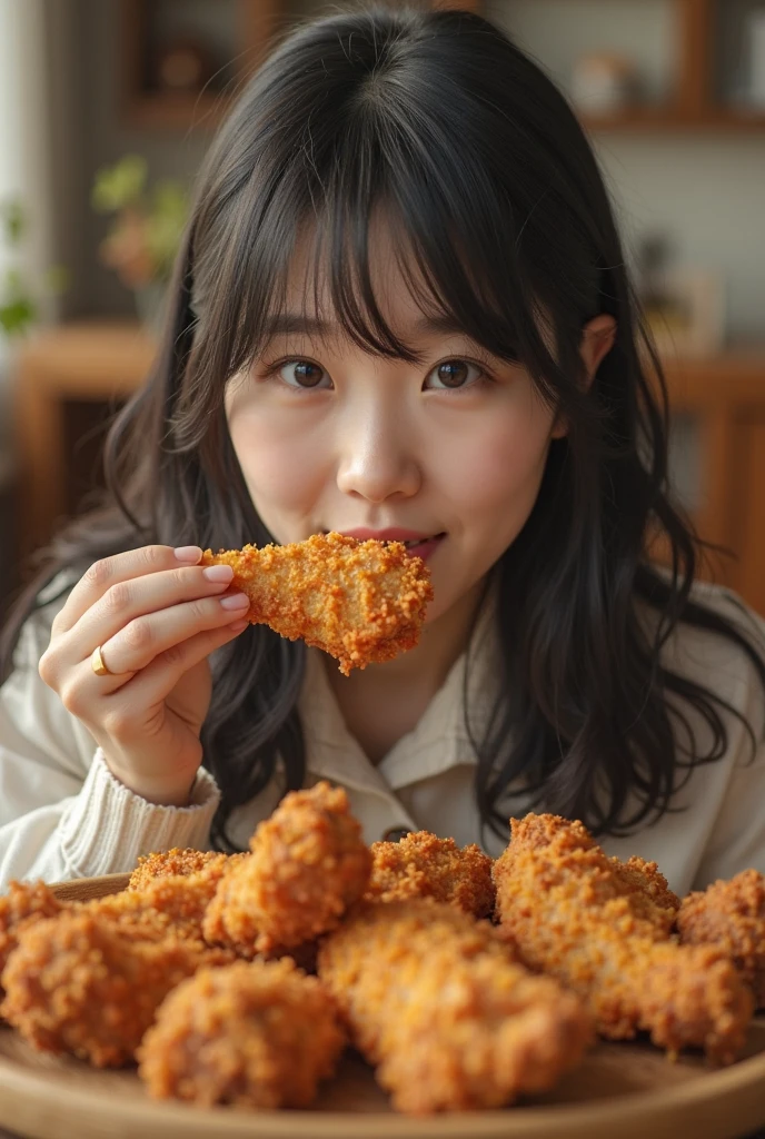 Beautiful Japanese Waifu, early 30s, brunette hair, white tshirt, eating fried chicken wings, in dinner