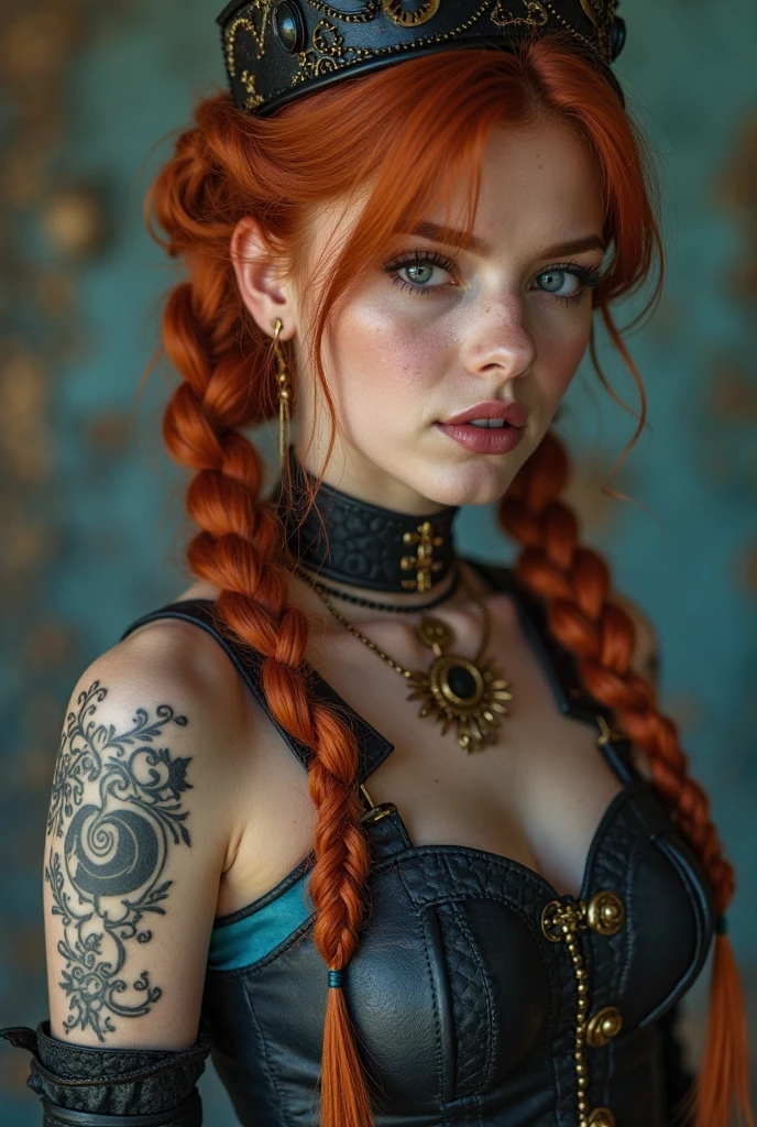 an steampunk girl at a party, (white crop top:1.2), small breast, black and blue leather, tattoo, hyper detailed, ultra sharp, long auburn hair in braids, 8k, (insanely detailed:1.5), full body photograph, 20 megapixel, canon eos r3, detailed skin, pale skin