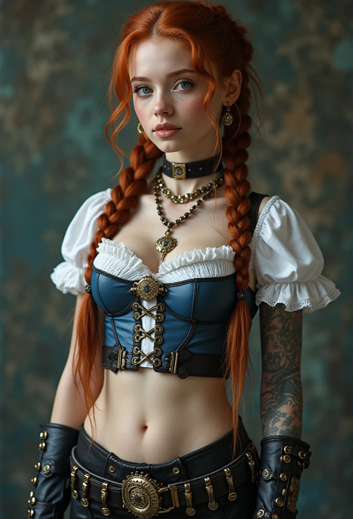 Ultra-detailed image of 18-year-old Pippi Longstocking, mischievous eyes, long red tousled and braided hair, sexual, Sloppy look, Short skirt, In Dynamic, smiling, bright colors, Intricate details of her beautiful eyes and perfect face, rim light.