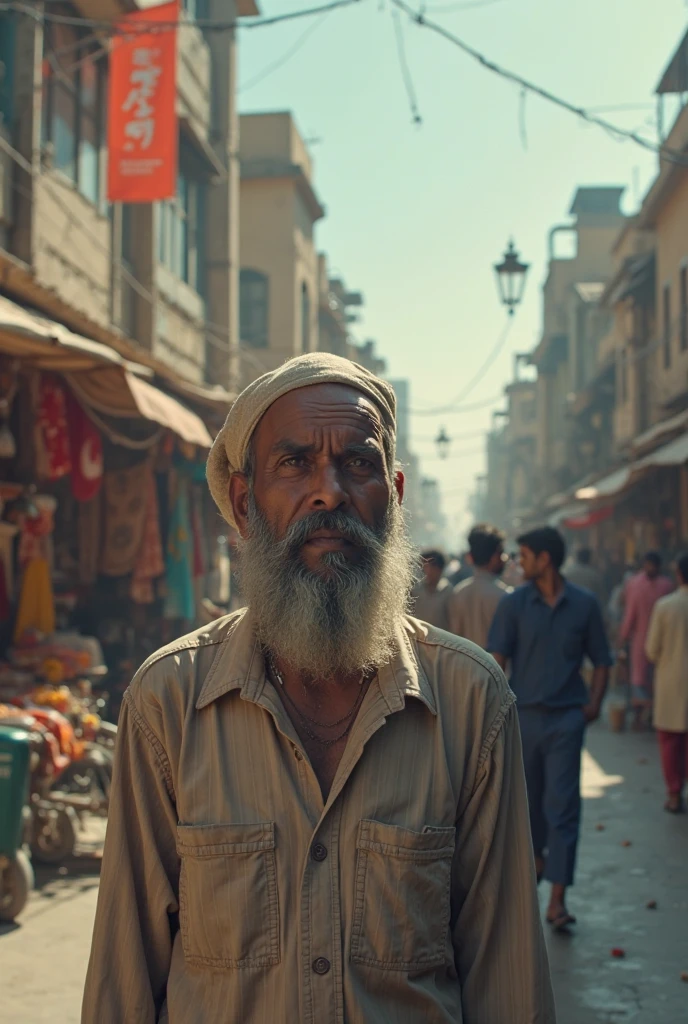 India's old calcutta , a man (farmer type) standing far from camera showing hand up with many more members 