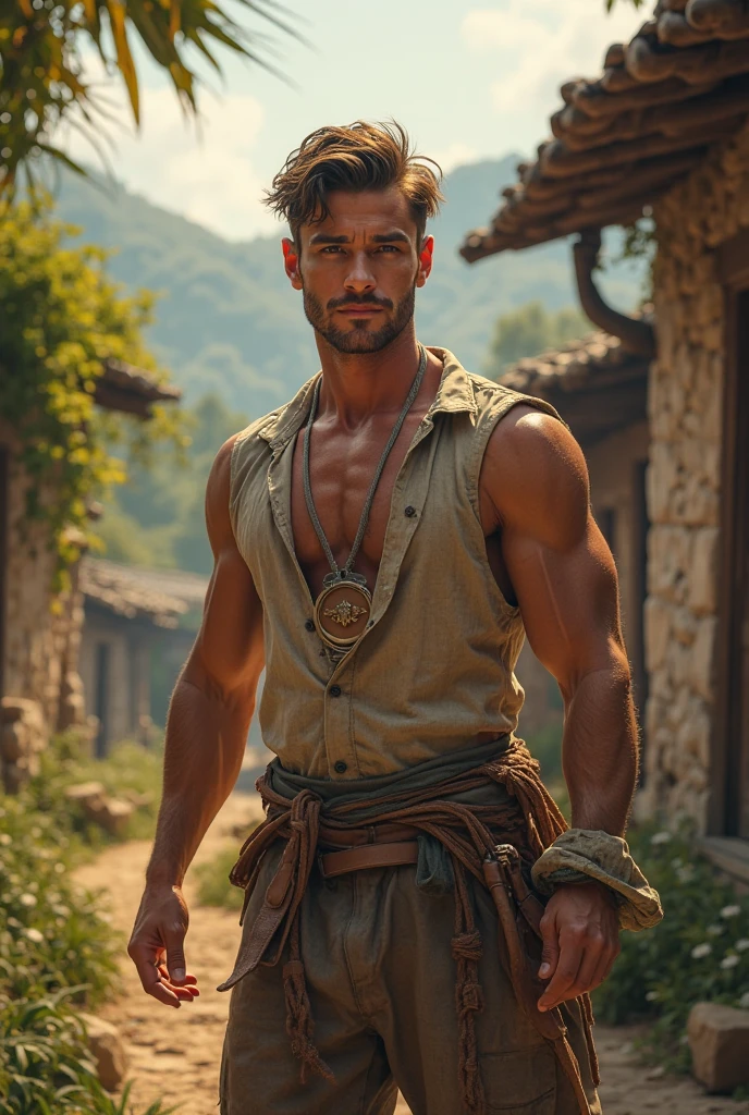 A tall, muscular tanned boy in his 20s, clean shaved, Shirtless, curly short black hair, sweaty and ragged attire, standing in a rustic village setting, high detail, realistic, dynamic lighting, portrait, character design, cinematic atmosphere, masterpiece .