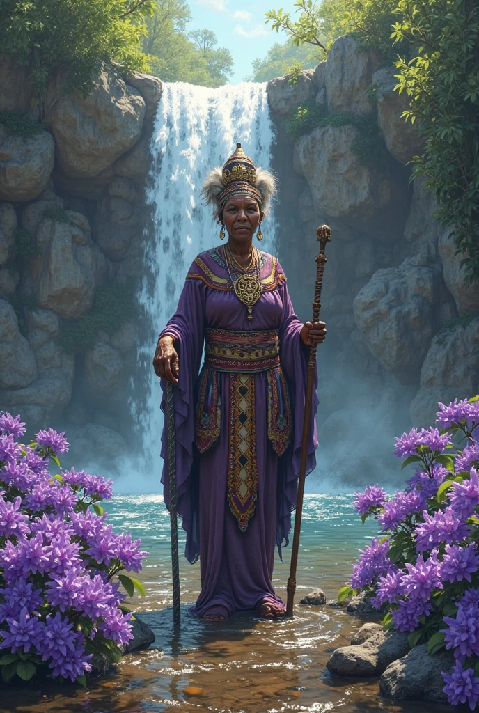 Black woman Orisha, old woman, short white curly hair, lilac dress, with a lilac flower in her hand in the middle of a swamp