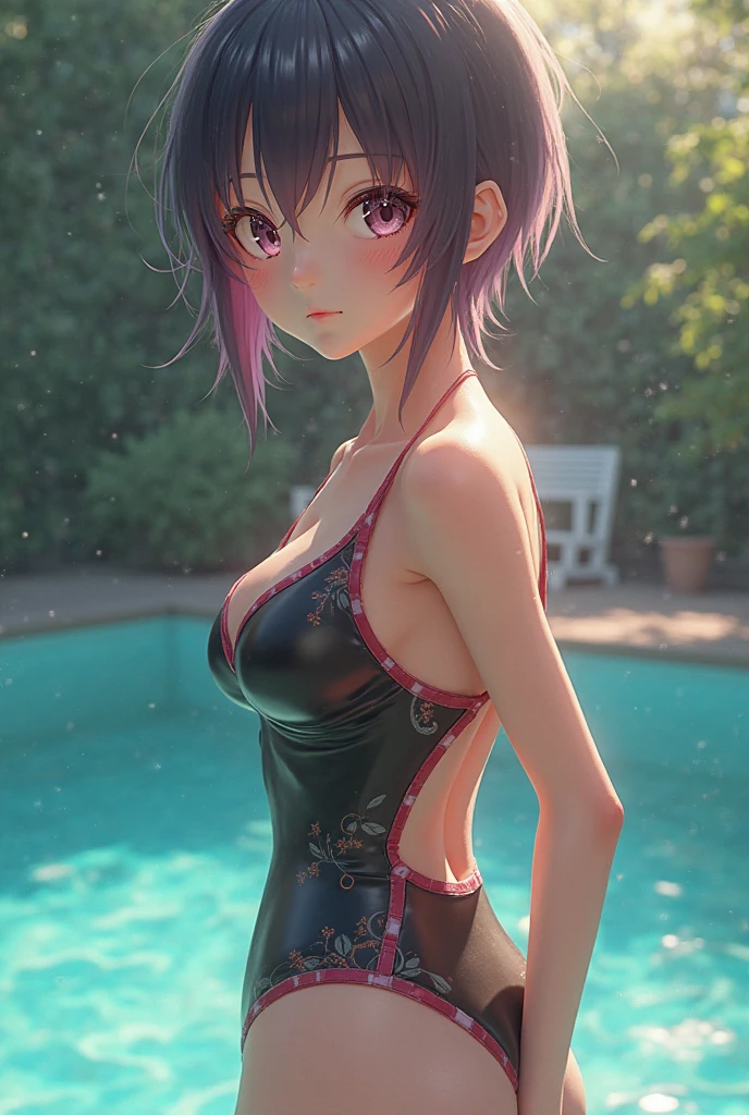 Random pose、Floral bikini、Yellow floral bikini、Random pose、cowgirl position、、cowgirl position、、Hide your with your hands、Blushing、Embarrassed expression、、Not wearing a bra、Black Hair、Side Ponytail、Pale purple eyes、、Blushing、lipstick、Perfect hands、Detailed hands、Poolside