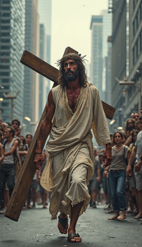 Jesus Christ carrying the cross on his back in present-day times on a deserted street