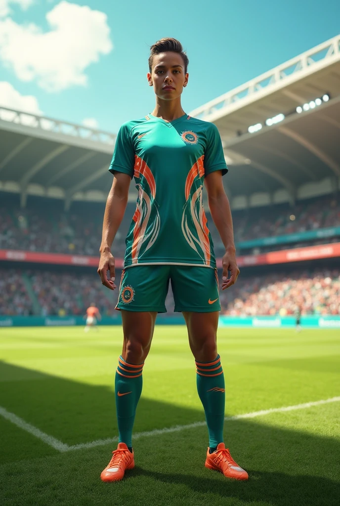 Electric blue sports uniform, with green and yellow highlights