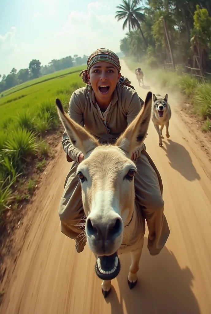 6 beautiful Indonesian women, white skin, long wavy hair, wearing t-shirts and trousers, wearing pink sneakers, faces screaming with anger, running, all holding goats, behind many people chasing, on the village street, minimal defects, very detailed, XXMix_9realistic