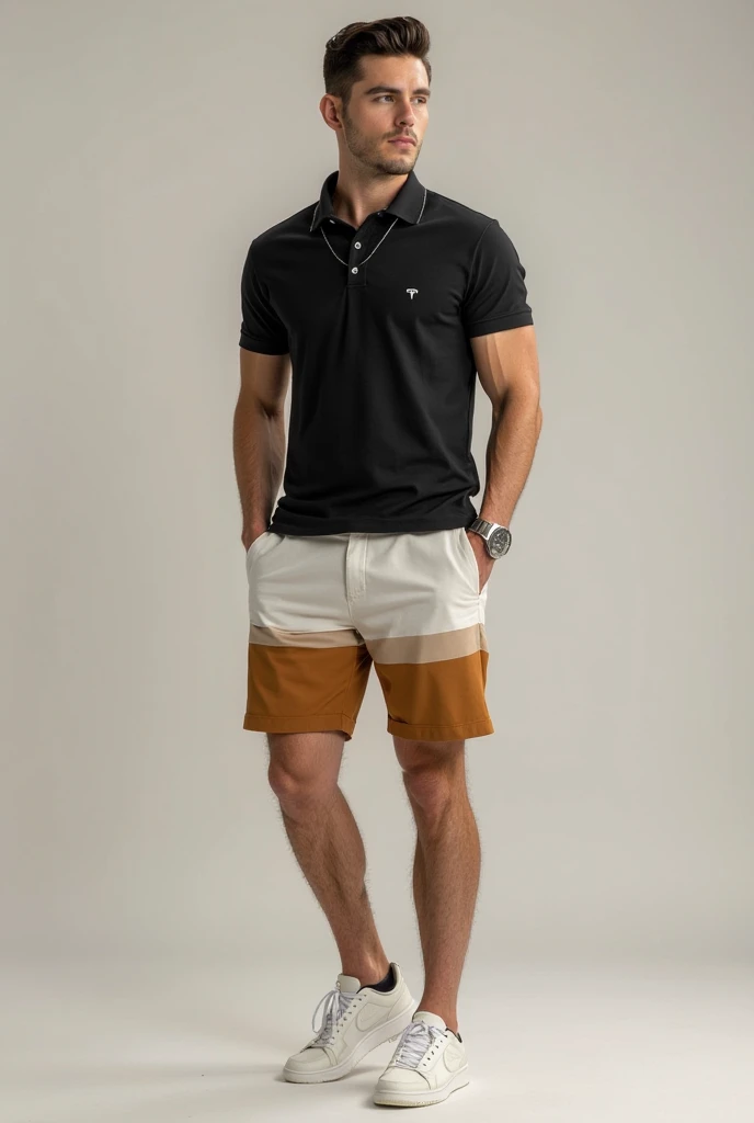 Create an outfit for a 25-year-old man, brown skin color, full body with brown polo shirt, shorts beige y tenis grises