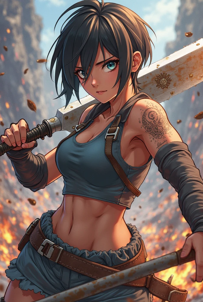 beautiful, (masterpiece:1.2), (best quality:1.2), (pastel colors:1.2), (surreal art:1.1), ((oil painting:1.3)), (sfw), perfect eyes, perfect face, perfect lighting, 1girl, bare shoulders, bike shorts, black thighhighs, blue eyes, blue hair, breasts, detached sleeves, fingerless gloves, gloves, holding, holding weapon, lips, medium breasts, purple eyes, short hair, shorts, simple background, solo, thighhighs, weapon, white background, <lora:Kuvshinov LoRA:1>