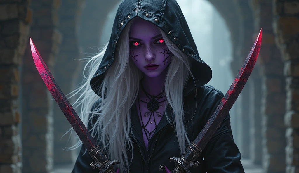 elfa drow, purple skin, Eyes red, white hair, assassin outfit with two daggers, scar on eye, hood on the head, Ear Body Piercing, black mask on the face