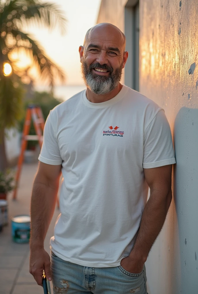 young very muscular man, sweaty tan skin, (short beard), long hair, blue overalls, (torn red shirt), shoulder tattoo, piercings, outside an idyllic cottage, sunny, sunset, from below, from side, dramatic lighting, high contrast, arm behind head, smiling, standing, looking at viewer, male focus, sharp focus